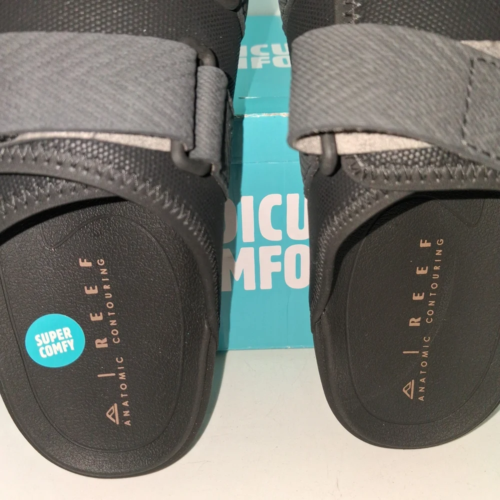 Reef Men's Black and Dark Gray Strapped Slide Sandals